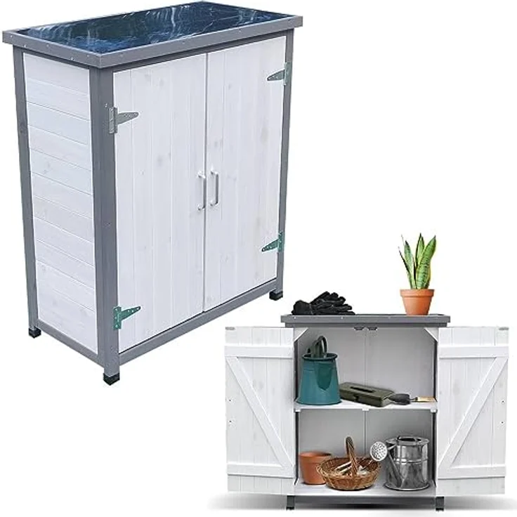 Melko Gartenschrank Weiß/Grau Geräteschrank Gerätehaus Gartenschuppen mit 2 Türen Aufbewahrungsschrank – Bild 1