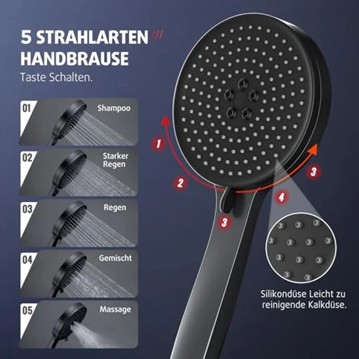 Rainsworth Duschsystem mit Thermostat, schwarze 30cm Rund Regendusche, 5 Strahlarten, höhenverstellbare Edelstahl-Duschstange – Bild 5