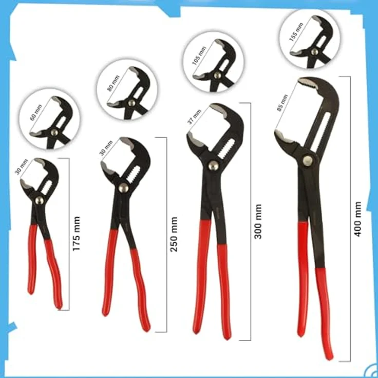 BOOMET Wasserpumpenzange Set · 3er Set 175mm 250mm 300mm · Verstellbare Rohrzange mit Druckknopf · Zangenschlüssel mit Feinverstellung per Knopfdruck · Chrom-Vanadium-Stahl · Ergonomische Griffe · Vielseitig einsetzbar – Bild 3