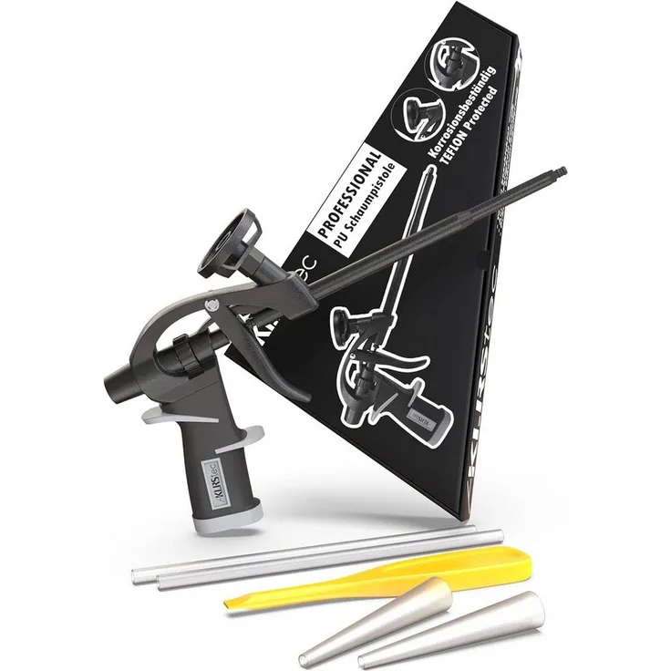 KLRStec Bauschaumpistole PU Schaumpistole Teflon beschichtet (PTFE) - Profi Montagepistole mit Einhandjustierung (1k & 2k 750ml) - inkl. Zubehör