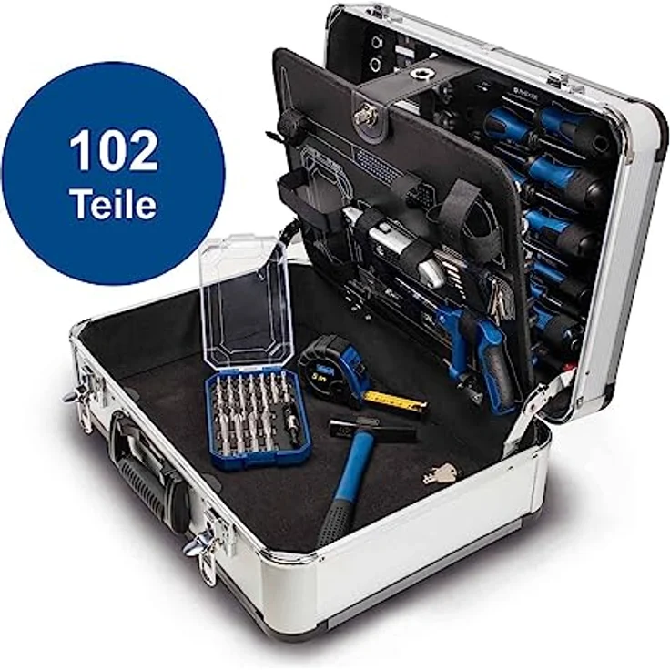 Scheppach Werkzeugkoffer TB150 | 101 teilig | Werkstattkoffer bestückt | Aluminium Koffer | Werkzeugkasten | Werkzeugset mit Zangen, Schlüssel, Schraubendreher, Metallsäge uvm. – Bild 4
