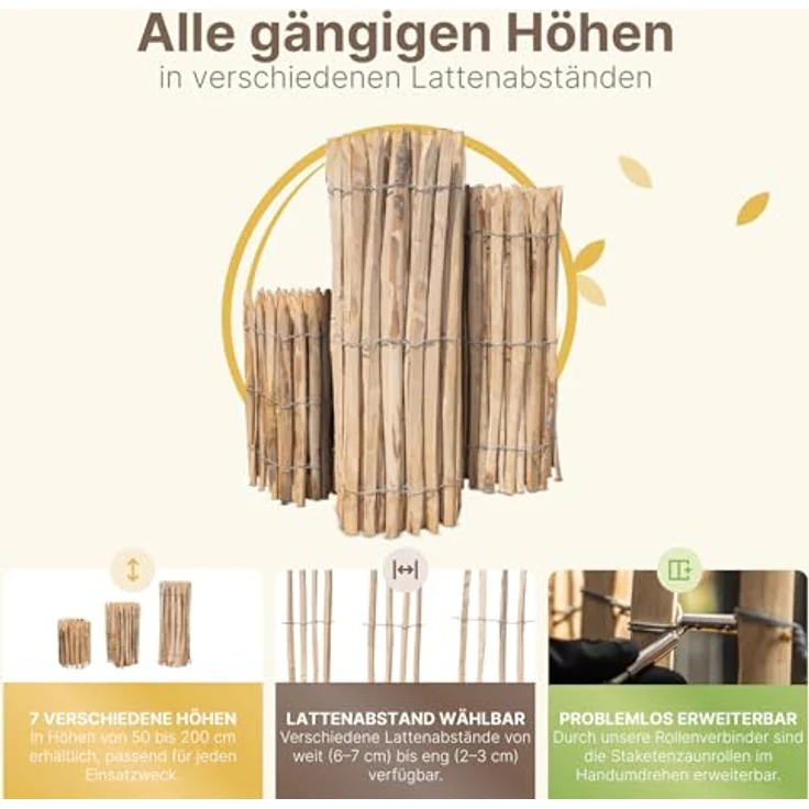 STILTREU Französischer Premium Staketenzaun Kastanie, 5 Meter lang, 150 cm hoch, Lattenabstand 4-5 cm, pflegeleicht und witterungsbeständig – Bild 3