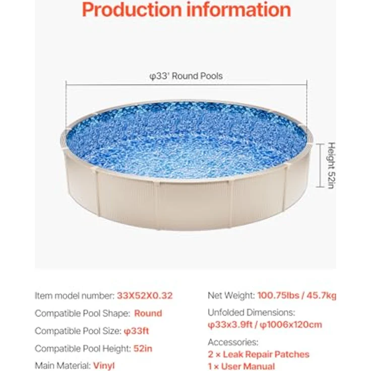 VEVOR runde Schwimmbadauskleidung, φ1006x120cm, verschleißfestes Vinyl für oberirdische Schwimmbecken mit 132cm Wandhöhe – Bild 7