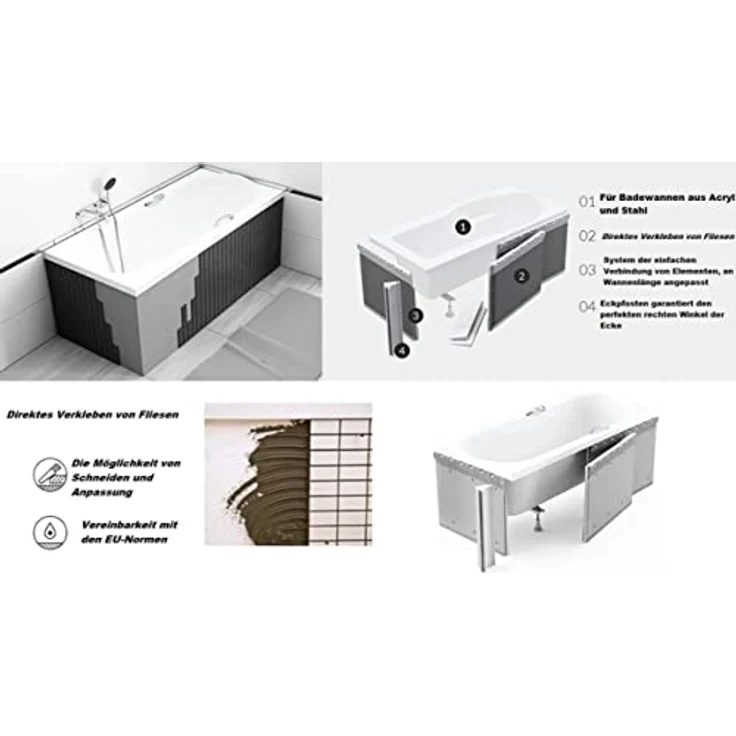 Besco BADLAND Badewanne CONTINEA 150x70 cm, rechteckige Acryl Wanne in Weiß mit Premium Styroporverkleidung, Füßen und Chrom Automatik Ablaufgarnitur, 4in1 Komplettset Made in EU – Bild 3