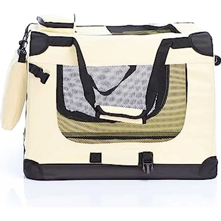 Fudajo Faltbare Transportbox für Hunde, Katzen M (60x42x44cm), robust, leicht, sicher, mit Tragegriff und Decke, Beige – Bild 2