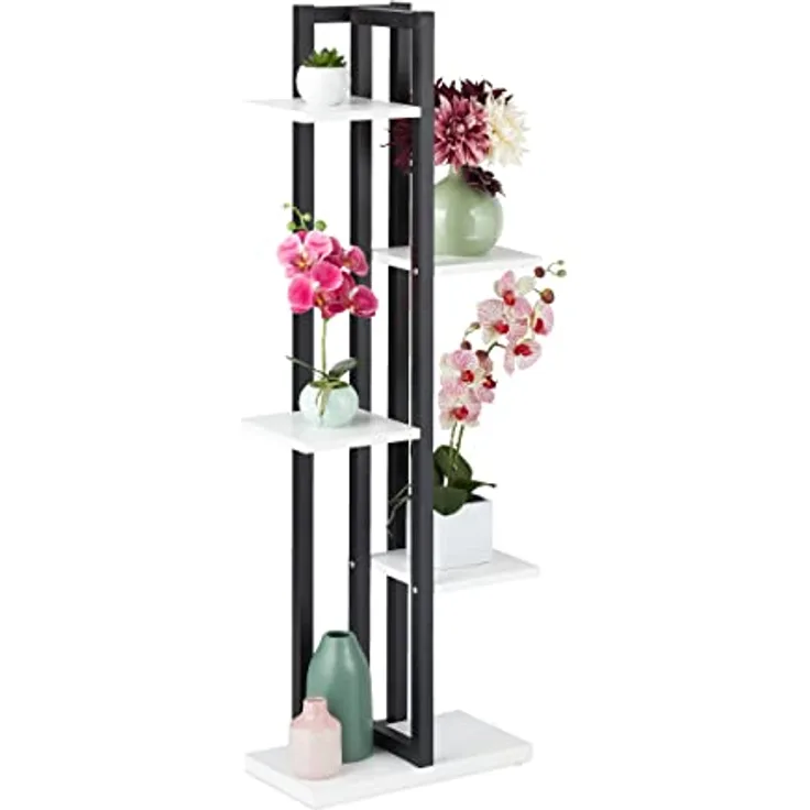 Relaxdays Pflanzenregal, Blumentreppe mit 5 Ablagen, HBT 117 x 43 x 22 cm, Stahl u. MDF, Blumenregal innen, schwarz-weiß