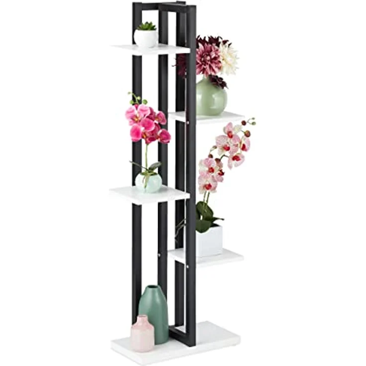 Relaxdays Pflanzenregal, Blumentreppe mit 5 Ablagen, HBT 117 x 43 x 22 cm, Stahl u. MDF, Blumenregal innen, schwarz-weiß – Bild 1