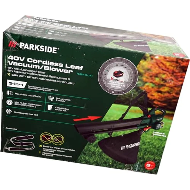 Parkside Akku-Laubsauger 40V PLSBA 40, 3-in-1 Funktion, 6-stufige Drehzahlregulierung, 40-Liter-Fangsack, ohne Akku – Bild 2
