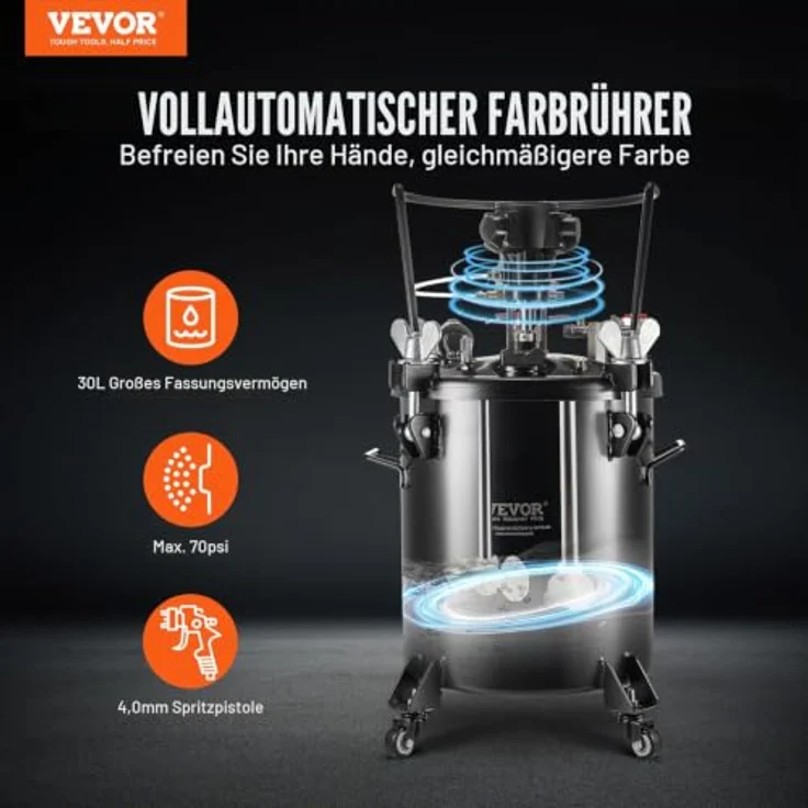 VEVOR Druckbehälter für Sprühfarbe, 30 L Vollautomatisch mit Rührfunktion und 70 psi Einstellbarem Druck, Farbbehälter mit 4-mm Spritzpistole und Schläuchen für Malerei – Bild 2