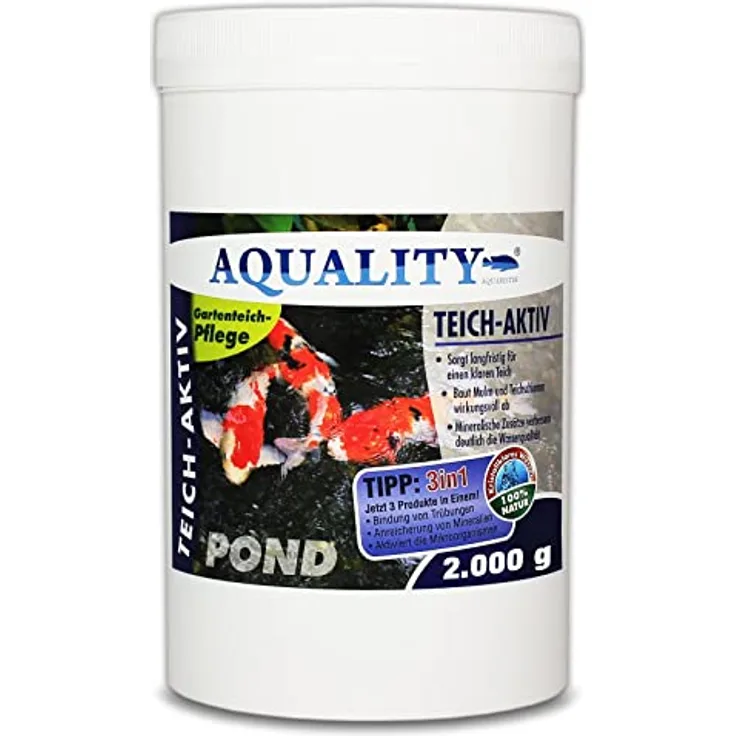 AQUALITY Gartenteich Teich-Aktiv 3in1 (Langfristig klarer Gartenteich - baut Mulm und Teichschlamm ab - verbessert deutlich die Wasserqualität), Inhalt:2 kg