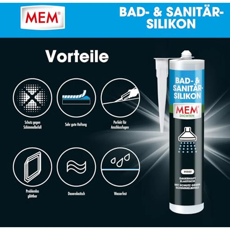 MEM Bad- & Sanitär-Silikon, Dauerhaft elastischer Silikon-Dichtstoff mit Schutz gegen Schimmelbefall, Gebrauchsfertig, Lösemittelfrei, 300 ml Kartusche, Weiß – Bild 4