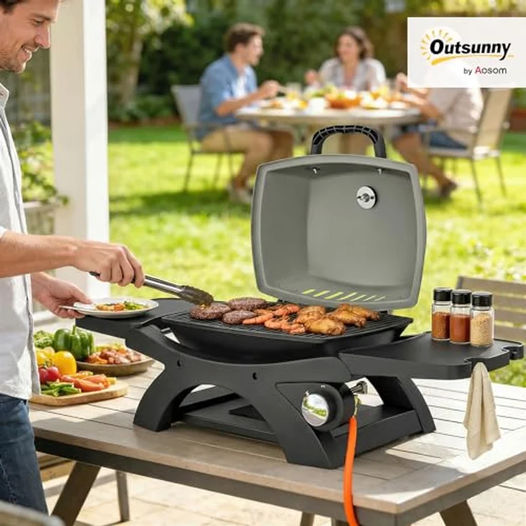 Outsunny Tragbarer Gasgrill 3,3 kW mit 1 Brenner, klappbaren Seitentischen, Gusseisen Grillrosten, herausnehmbarer Fettauffangschale und Thermometer, Tischgasgrill für Garten und Balkon – Bild 2