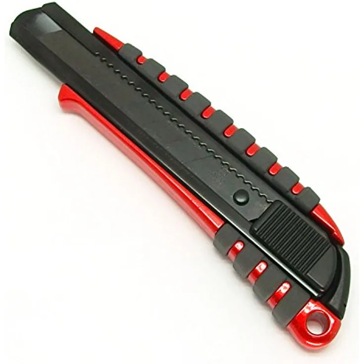 Nourished Essentials PMGL-EVO1 Teppichmesser, rot/schwarz, Aluminiumgehäuse, Auto-Lock Klingenvorschub, extrem scharfe Black-Blade Klinge