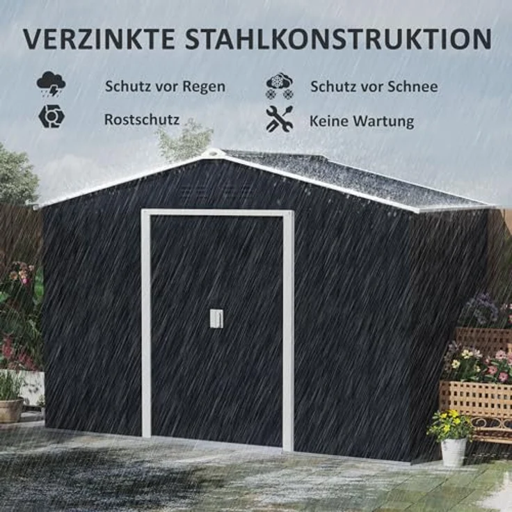 Outsunny Verzinkter Stahl Gerätehaus 4,9m² 277x195x192cm Geräteschuppen mit Satteldach, Fundament, Schiebetür, wetterfest Dunkelgrau – Bild 3