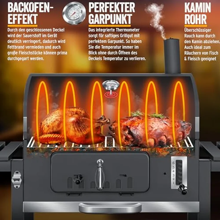 KESSER® Grillwagen BBQ Smoker XXL Holzkohlegrill mit Thermometer, Abdeckhaube & 8 Spießen, Schwarz – Bild 2