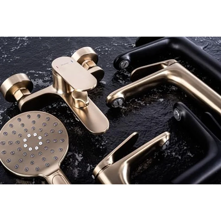 wohnwerk.idee Wannenarmatur Badewannenarmatur Gold Matt Gebürstet, Einhebelmischer mit integrierter Handbrause und flexiblen Schlauch – Bild 7