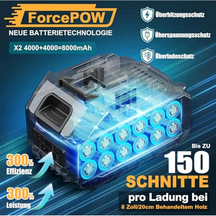 RINOXAR Mini Kettensäge PowerCut X7, 8“ Akku Motorsäge mit 2 x 4000mAh Akkus, 1200W bürstenlos, Einhand-Astsäge für Gartenarbeiten – Bild 3