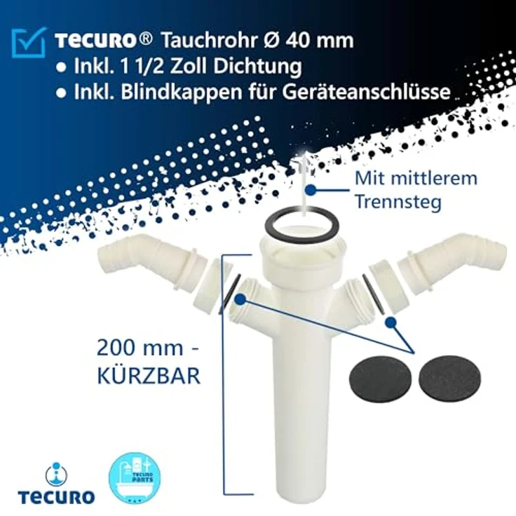 tecuro Tauchrohr Ø 40 mm mit 2 x Geräteanschluss für Spülensiphon, kürzbar, Kunststoff weiß – Bild 3