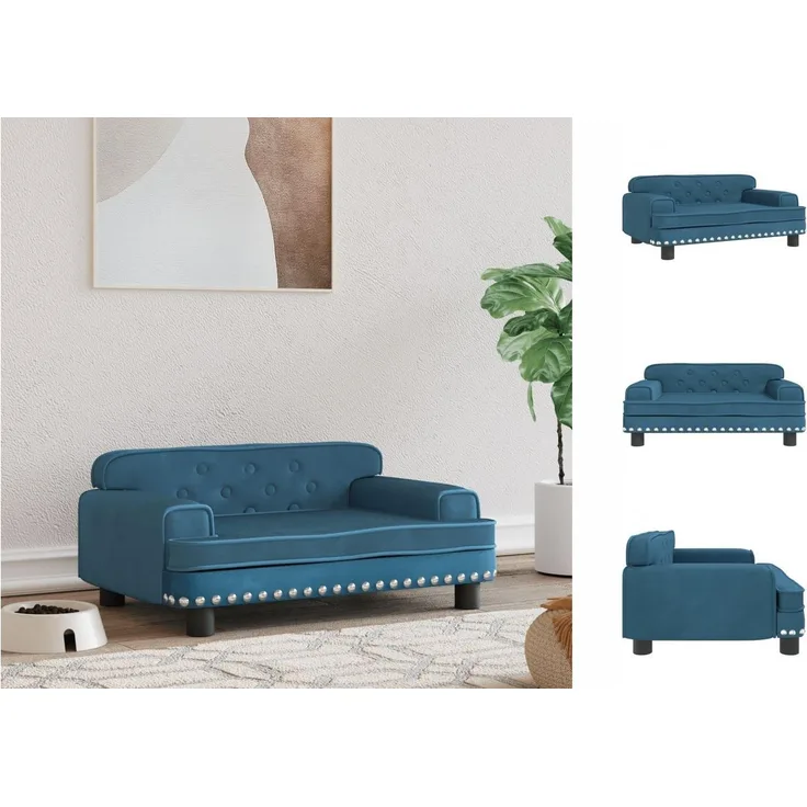 vidaXL Hundekorb Hundebett Blau 70x45x30 cm Samt Körbchen Hundesofa mit massivem Kiefernholzrahmen