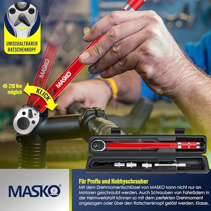 MASKO Drehmomentschlüssel 6tlg. Set 40-210Nm 1-2 ' CV inkl. 3 Stecknüssen 17mm, 19mm, 21mm und Verlängerung 125mm inkl. Koffer +- 4% Toleranz Reifenschlüssel Auto Drehmoment-Schlüssel Rot – Bild 4