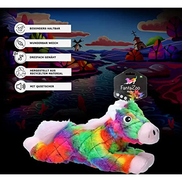 FantaZoo Pferd, Buntes und recyceltes Hundekuscheltier, L - 33 x 15 cm, Hundespielzeug mit Quietsche, für mittelgroße Hunde – Bild 5
