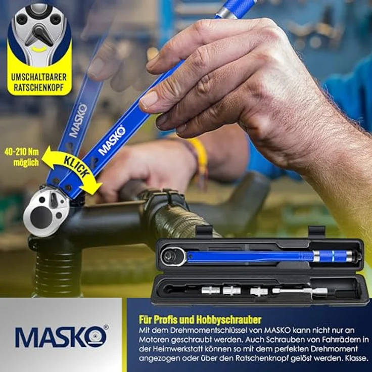 MASKO Drehmomentschlüssel 6tlg. Set 40-210Nm 1-2 ' CV inkl. 3 Stecknüssen 17mm, 19mm, 21mm und Verlängerung 125mm inkl. Koffer +- 4% Toleranz Reifenschlüssel Auto Drehmoment-Schlüssel Blau – Bild 4