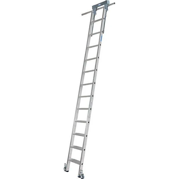 Kaiserkraft Stufen-Regalleiter 320 cm, mit Kopffahrwerk für Rundrohr-Schienenanlage, hohe Stabilität, 12 Stufen, platzsparend, selbstarretierende Bremsrollen
