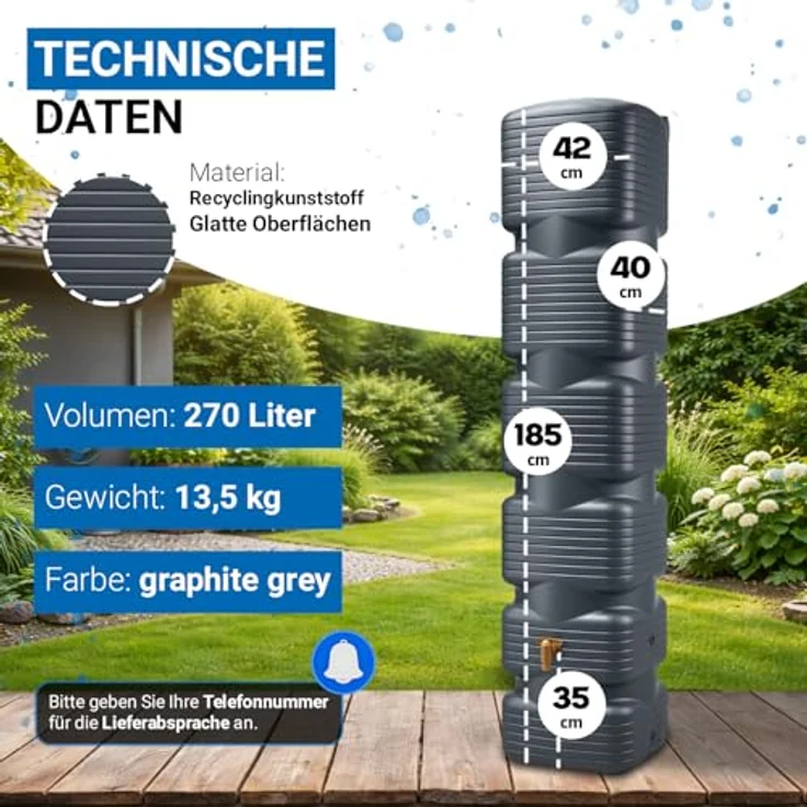 4rain Wandtank 'Quadro' graphite grey, 270 l Regenwasserspeicher mit fünf Gewindeanschlüssen und Auslaufhahn, witterungsbeständig und UV-stabil – Bild 3