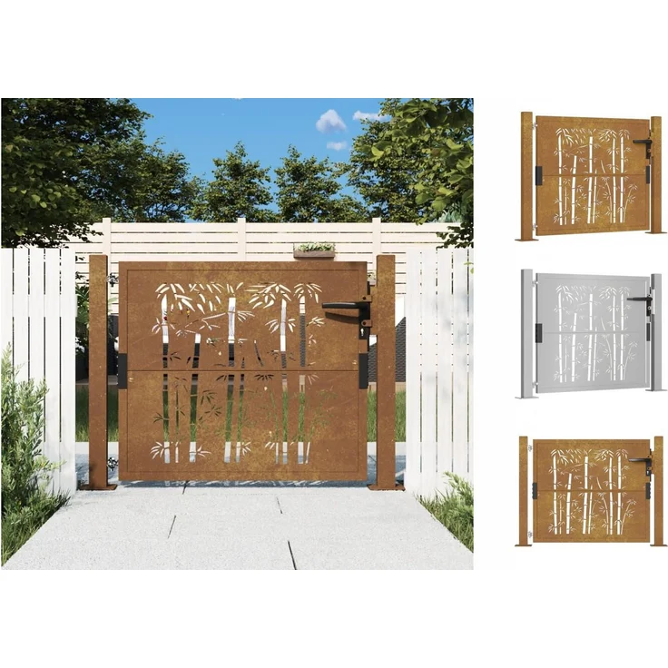vidaXL Gartentor 105x80 cm Cortenstahl Bambus-Design Abschließbar Schlüssel Z, Rostig – Bild 1
