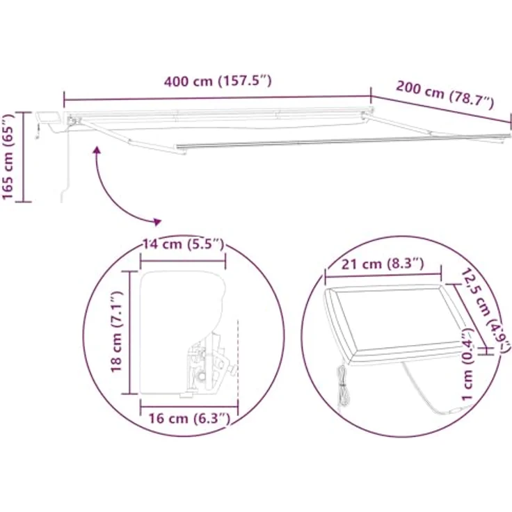 vidaXL Manueller Markisenrahmen 4 x 2 m, mit LEDs, pulverbeschichteter Aluminiumrahmen, hellgrau – Bild 2