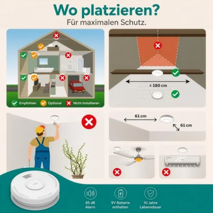 Alecto SD110, Stand-Alone-Rauchmelder mit fotoelektrischem Sensor, 85 dB Alarm, 1-Jahres-Batterie, weiß – Bild 6