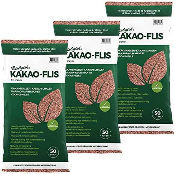 Floragard Kakaoschalen Mulch 3x50 L - zum Mulchen von Pflanzflächen, Gehölz- und Staudenbeeten - natürliche Inhaltsstoffe - unterdrückt Unkrautwuchs - 150 L