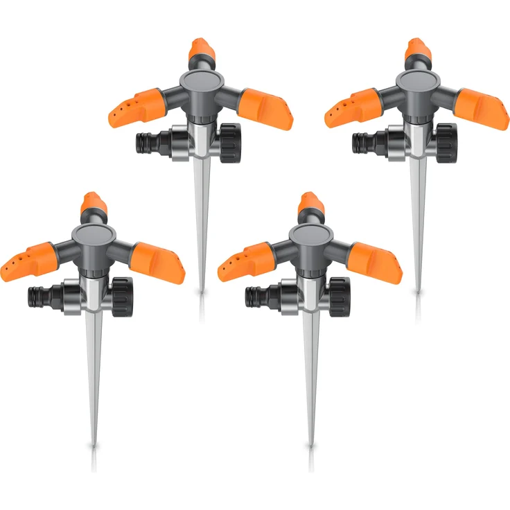 Brandson Rasensprenger 4x Kreisregner, 3-fach Sprinkler mit 360° Reichweite bis 150m², orange-grau, robuster Spike und 5 wählbaren Düsen