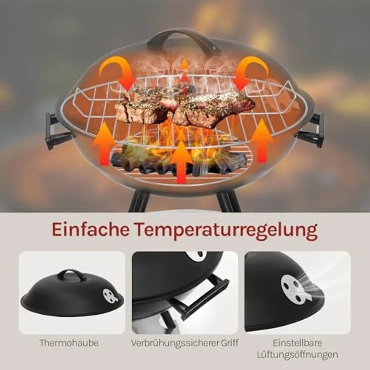 Holzkohlegrill mit Räder für Garten Camping, Schwarz, 41,5 cm – Bild 4