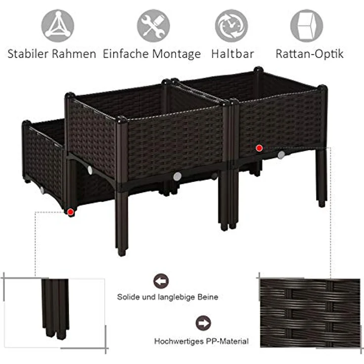 Outsunny Hochbeet, Pflanzkasten mit Abflusslöchern, Blumenkasten im Rattan-Look, PP, Braun, 40 x 40 x 44 cm – Bild 4