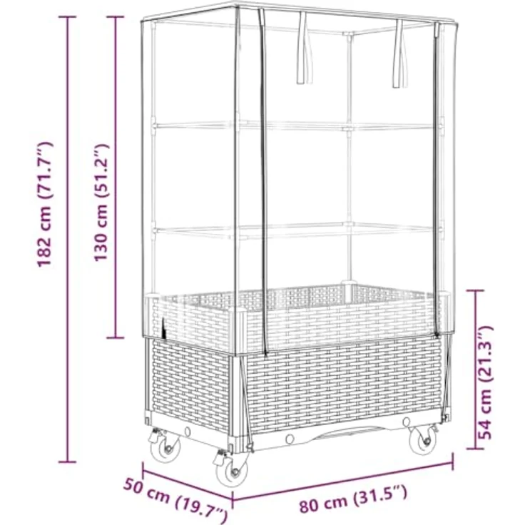 vidaXL Hochbeet mit Aufsatz und Rollen Rattan-Optik 80x50x182 cm, stabiler Rahmen, Gewächshausaufsatz, wasserfeste Abdeckung – Bild 3