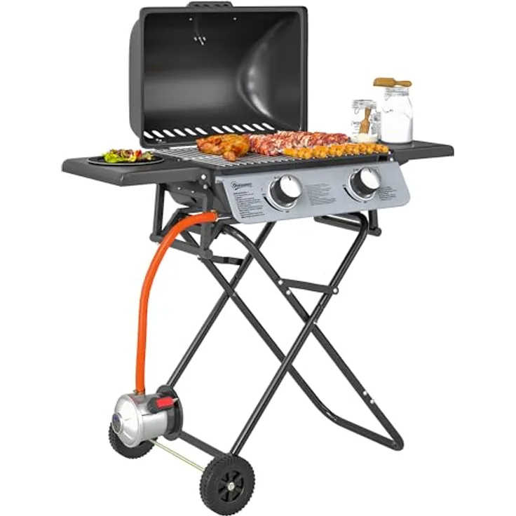 Outsunny Gasgrill 5,6 KW Grillwagen mit 2 Edelstahl-Brennern und klappbaren Seitenablagen, inkl. Rolle und Thermometer - BBQ Gartengrill für Balkon, Camping-Grill 101 x 50 x 102 cm