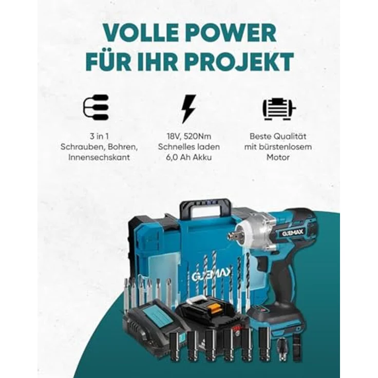 Gjemax Akku Schlagschrauber 18V 520Nm, 1/2 Zoll Drehschlagschrauber mit 6.0 Ah Lithium Akku und Schnellladegerät, Bürstenloser Motor, hohes Drehmoment – Bild 4