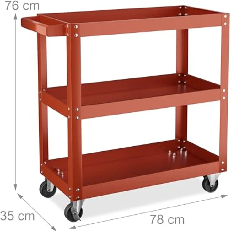 relaxdays Werkstattwagen mit 3 Ebene, max. Traglast 100 kg, Stahlkonstruktion, Rot – Bild 4