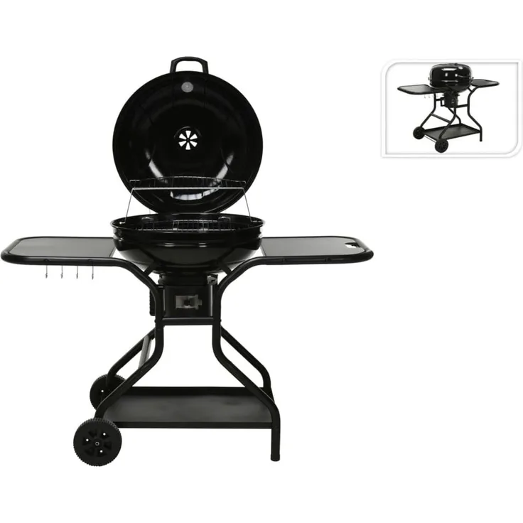 ProGarden Grill mit Rädern und Beistelltisch Schwarz, Holzkohlegrill mit Emaille-Beschichtung