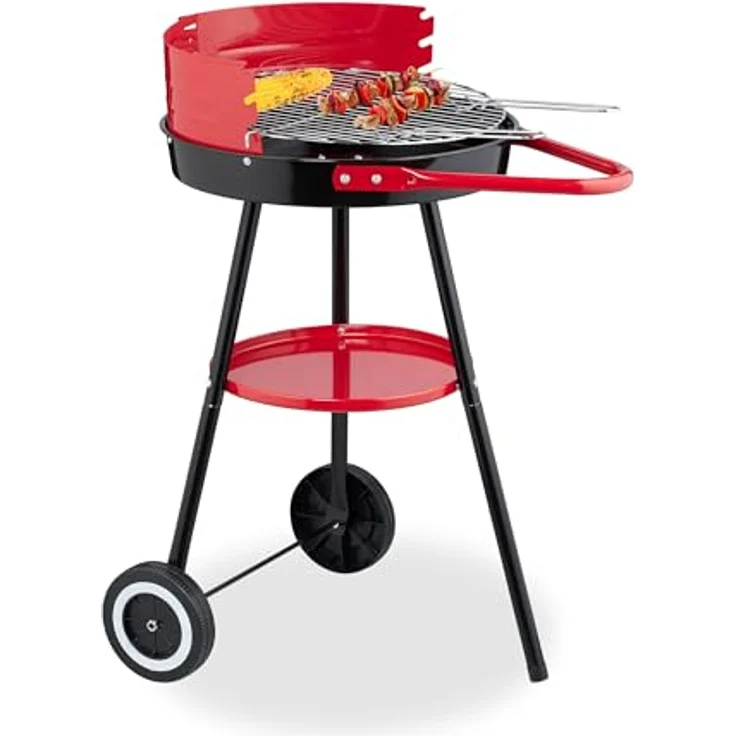 Relaxdays Holzkohlegrill 42 cm mit Rollen, Rundgrill in Schwarz und Rot für bis zu 4 Personen, 3-fach höhenverstellbarer Grillrost – Bild 1