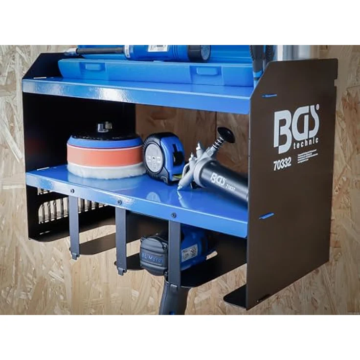 BGS Werkzeug-Wandregal für Akku-Werkzeuge, 2 Ablagen und 4 Werkzeughalter, platzsparende Wandmontage, 430 x 230 x 305 mm – Bild 6