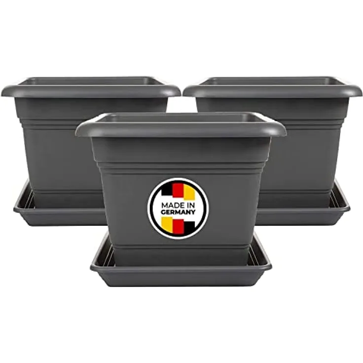 2friends 3er Set Pflanzkübel groß außen, Blumentopf Gross mit Untersetzer 40x40 cm, Pflanztöpfe Blumenkübel Blumentöpfe Pflanztopf Pflanzentopf, Made in Germany, Model: Kay, Farbe: Anthrazit