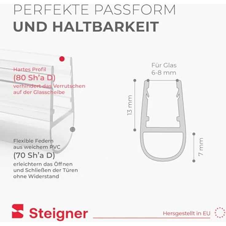 STEIGNER Duschdichtung gebogen UK07, Transparent, Schutz gegen Auslaufen, für Runddusche und Duschkabine Viertelkreis, 30 cm, flexibles Material für 6-8 mm Glas – Bild 5