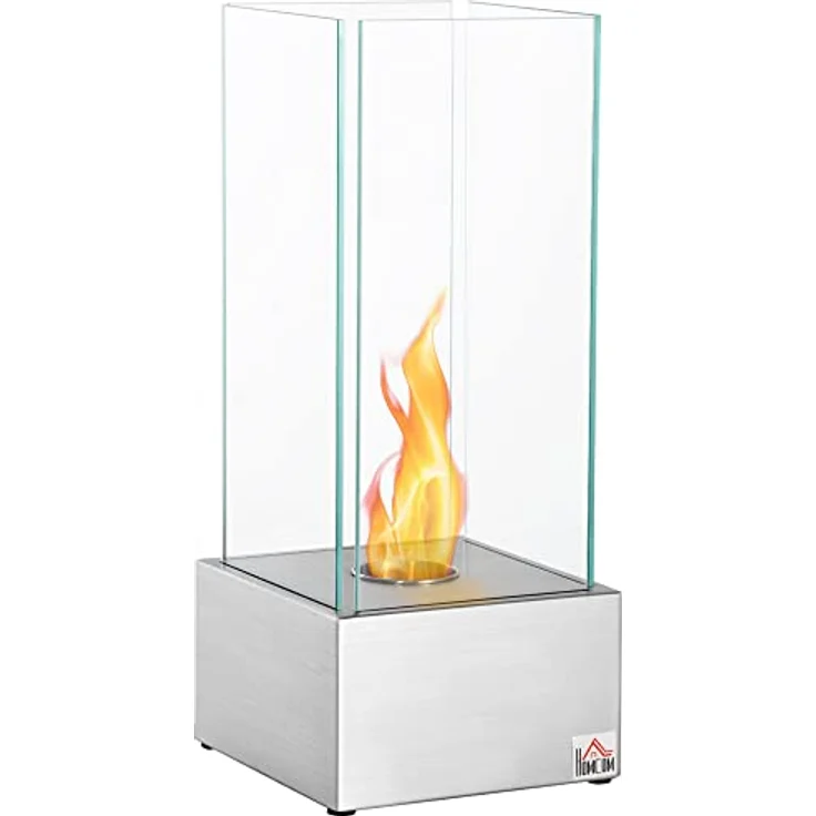 HOMCOM Ethanol-Kamin Feuerschale Bio-Ethanol-Brenner 0,4L 2 Std. Brenndauer 15m² mit Feuerlöschdeckel Edelstahl Hartglas Silber 25 x 25 x 60 cm - Preisvergleich – Bild 1