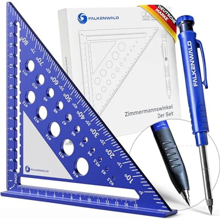 FALKENWALD® Zimmermannswinkel 180mm mit Schreibfläche und Tieflochmarker - Präzises Markieren auf Holz, Metall, Kunststoff, Beton - Anschlagwinkel mit metrischer Skala, abwischbarer Notizfläche - Geschenk für Männer