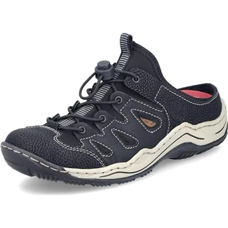 Rieker Clog, Schlupfschuh in schmaler Form, schwarze Sicherheitssandalen mit schockabsorbierender Sohle