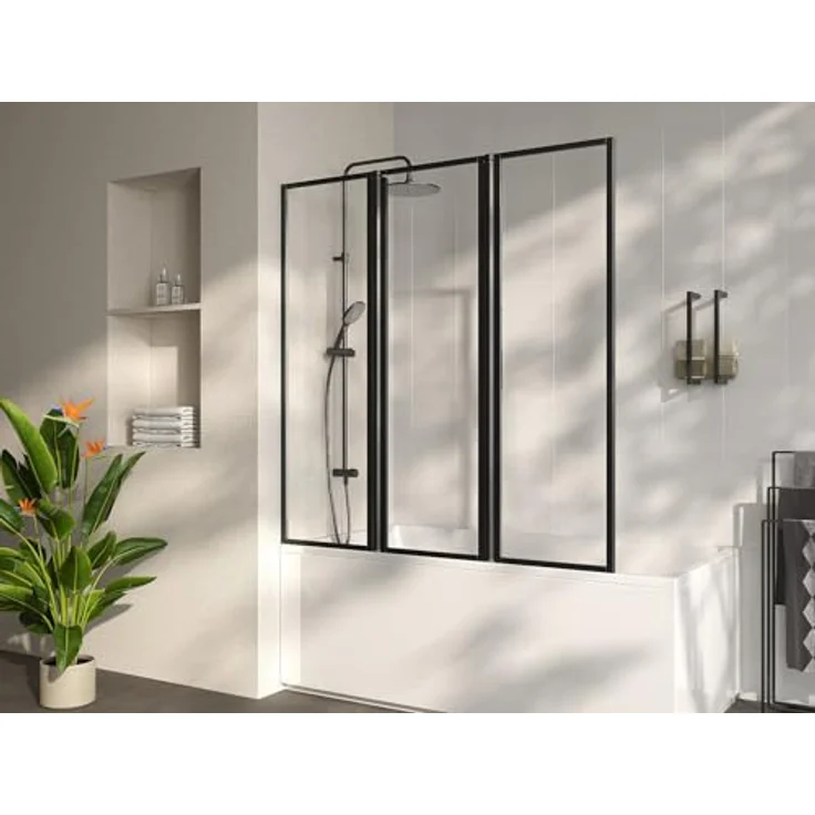 Vente-unique Duschtrennwand Badewanne klappbar, Atelierstil, mattschwarz, 100 x 140 cm, mit Aluminiumrahmen und gehärtetem Glas – Bild 4