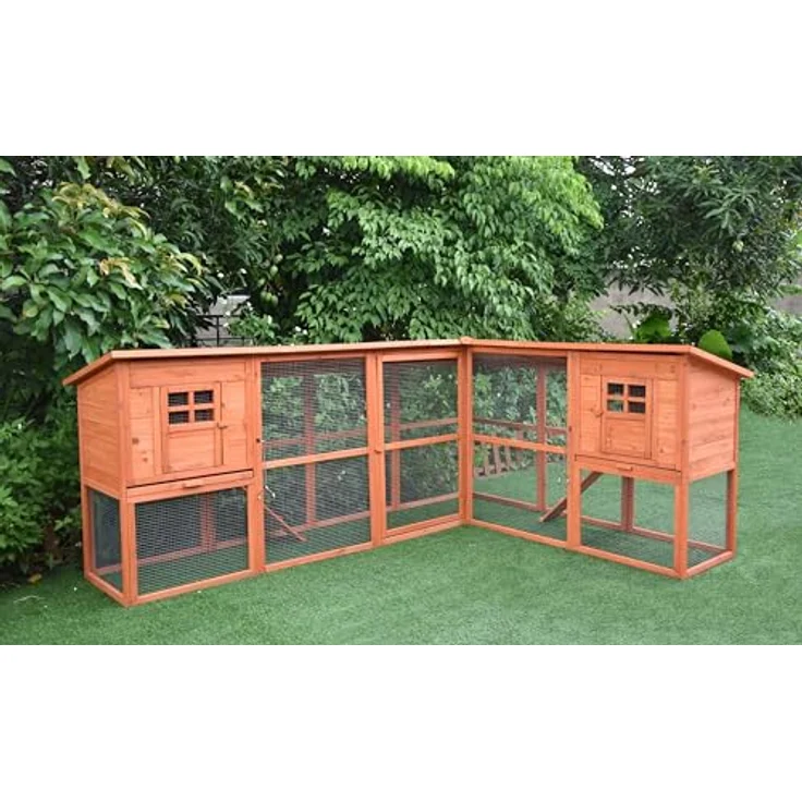 Mucola Hasenstall mit Freilaufgehege 251x190,5x104 cm, Wetterfestes Holz-Kleintiergehege mit 2 Rampen und herausnehmbaren Schubladen – Bild 1