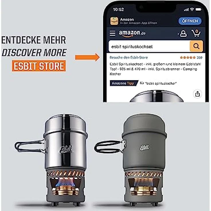 Esbit Campingkocher, kompakter Spiritus-Gaskocher mit 2 Edelstahltöpfen (985 ml und 470 ml), praktischem Netzbeutel und klappbarem Flammenregulierer, Aluminium Stand mit Brenner – Bild 9